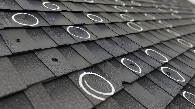 Close Up Of Hail Damaged Asphalt Shingles Marked For Repair Roof Inspection