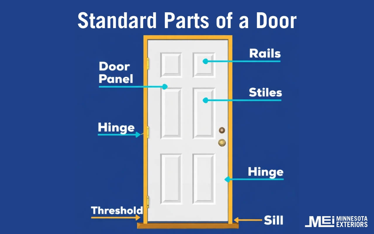 Standard parts of a door infographic showcasing the door panel, hinge, threshold, rails, stiles, hinge, and sill.