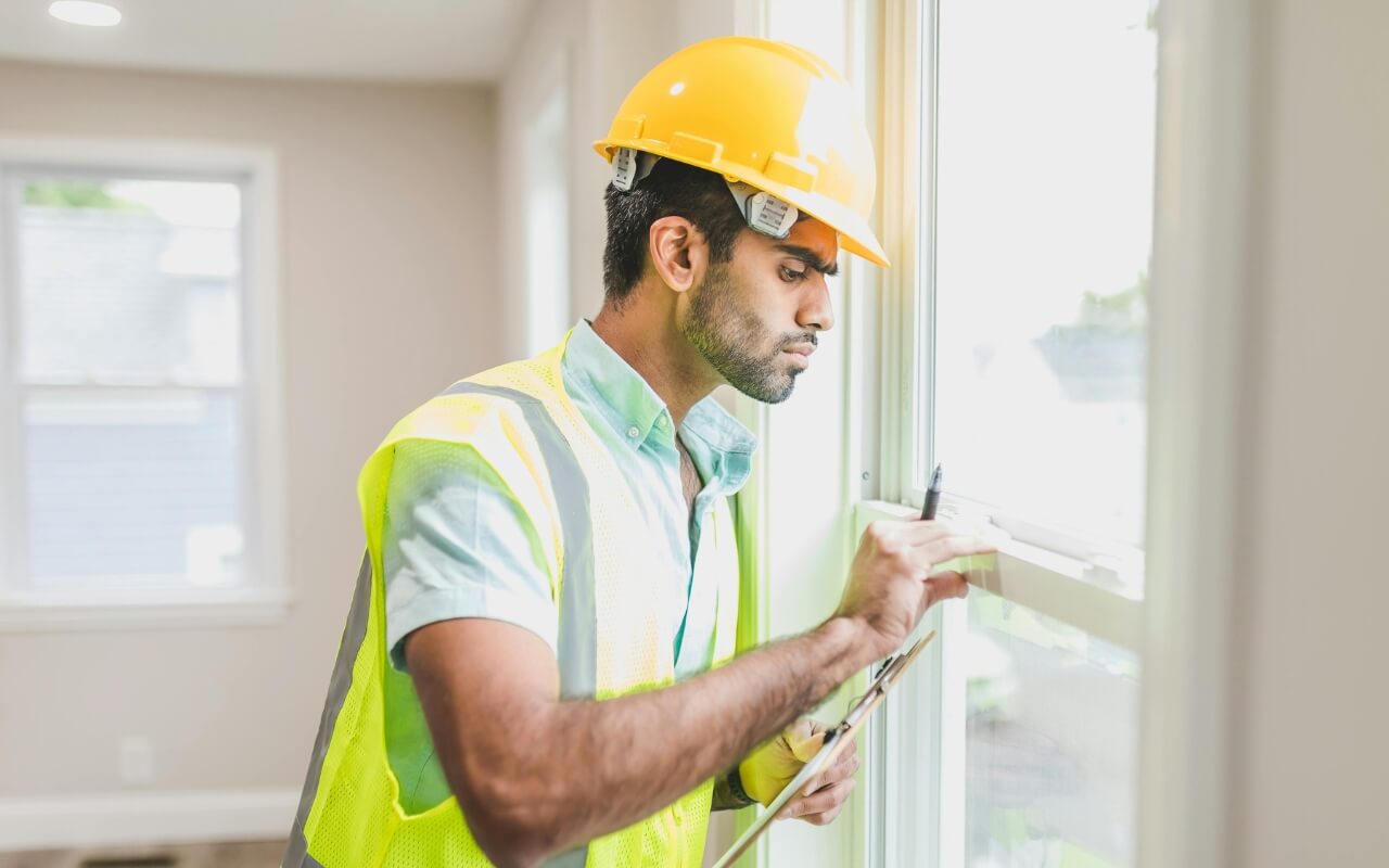 A home inspector measuring residential home window installation.