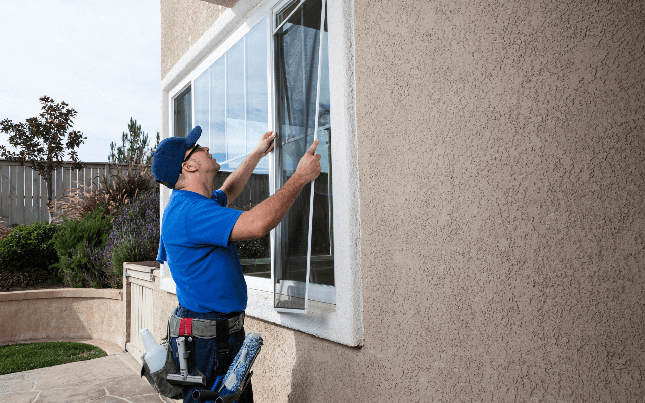 man re-installing window screens on home