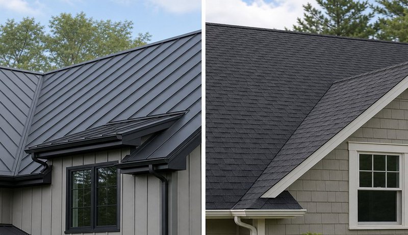 Metal roofing installation compared side by side with asphalt shingles