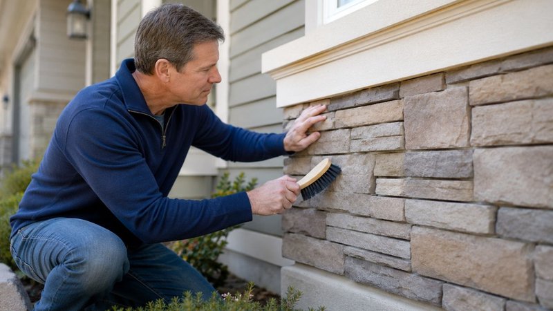 Simple cleaning and routine inspection of Manufactured Stone Veneer on a home exterior.