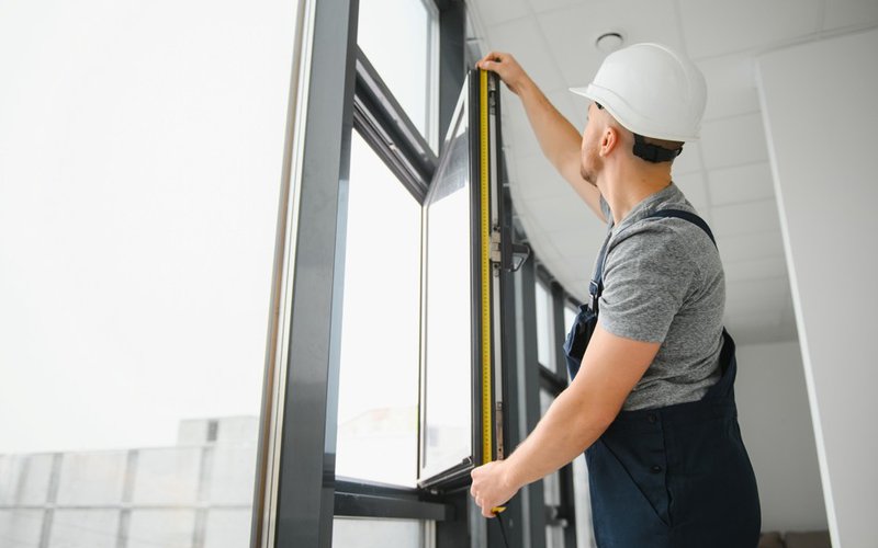 Contractor measuring frame before commercial window replacement