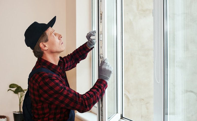 Technician adjusting hardware during commercial window replacement