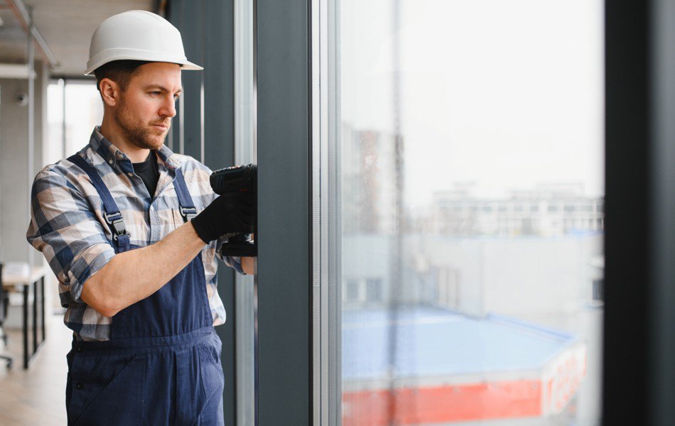 Technician installing commercial window replacement in office building