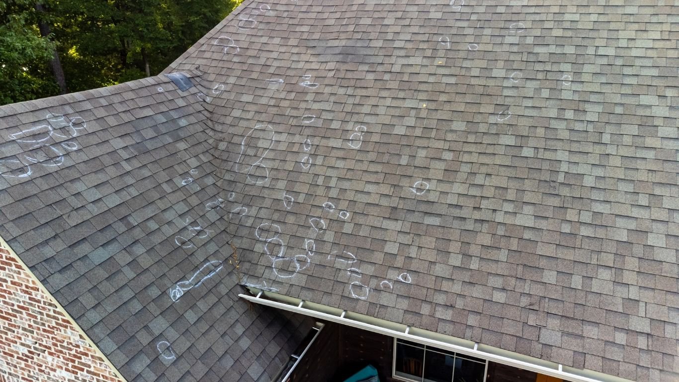 An aerial view of chalk-marked asphalt shingles highlighting Signs You Need a New Roof.