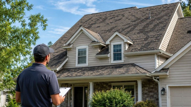 A roofer inspecting a home to recommend the best types of shingles.